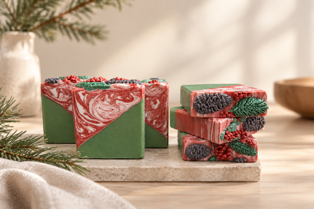 Balsam Pine artisan body soap — holiday soap with forest greens and deep red swirls