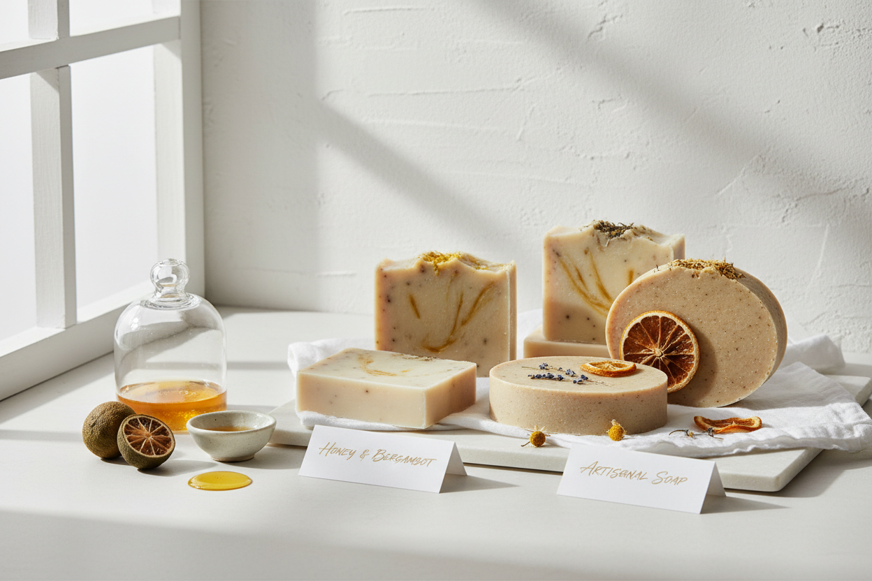 Elegant handmade soap product photography