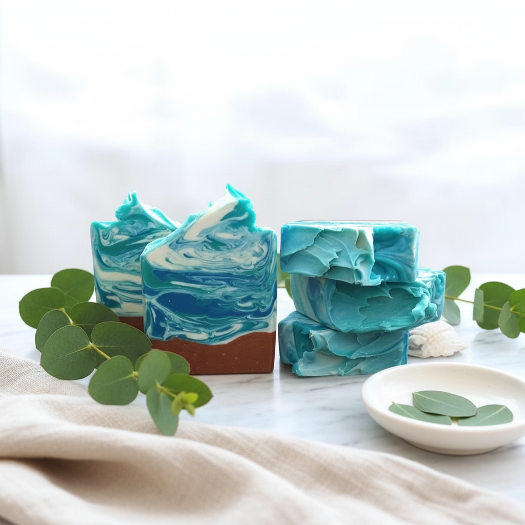 Sea Myrtle artisan soap on marble with eucalyptus