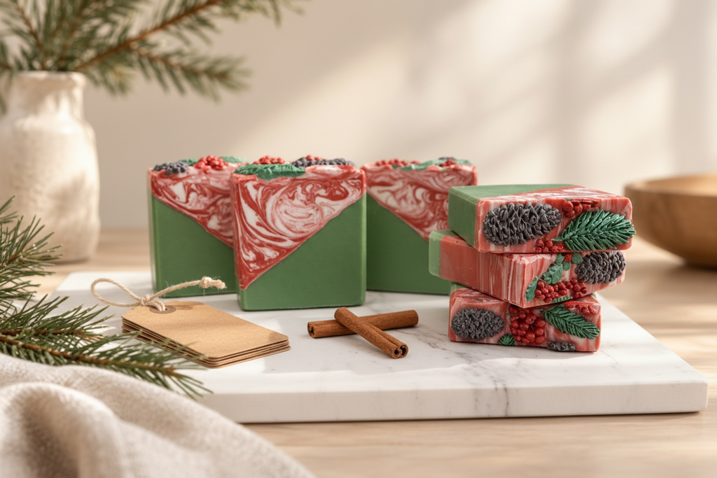 Balsam Pine artisan body soap on white marble with cinnamon sticks and kraft tags